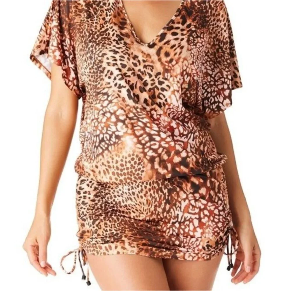 Bar III L Glam Cheetah Adjustable Side Cover-Up Caftan Swimwear Sheer Dress